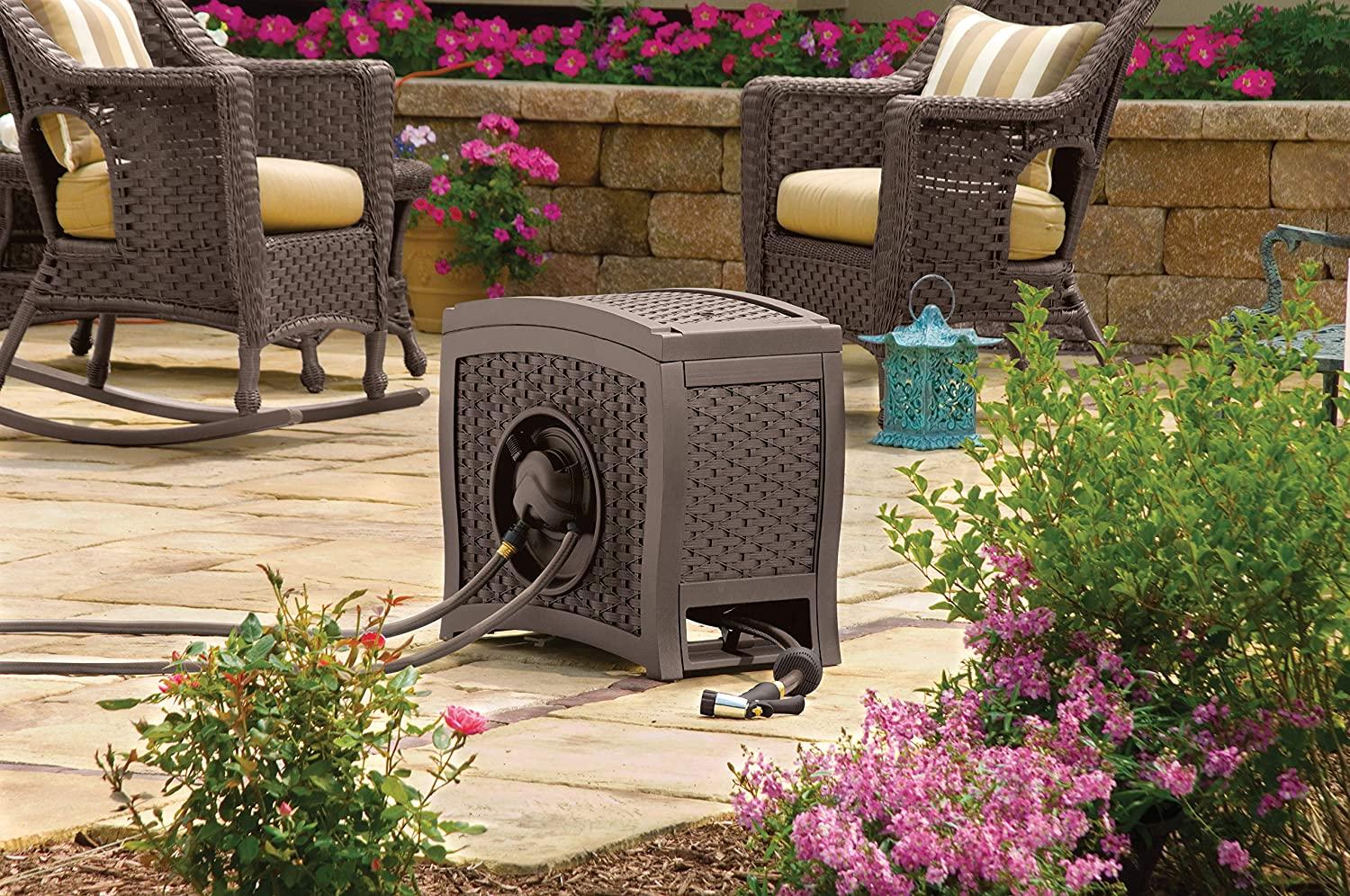 Aquawinder 125′ Wicker Garden Hose Reel – Lightweight Portable Hands – Free Water Powered Retractable Hose Reel – Java