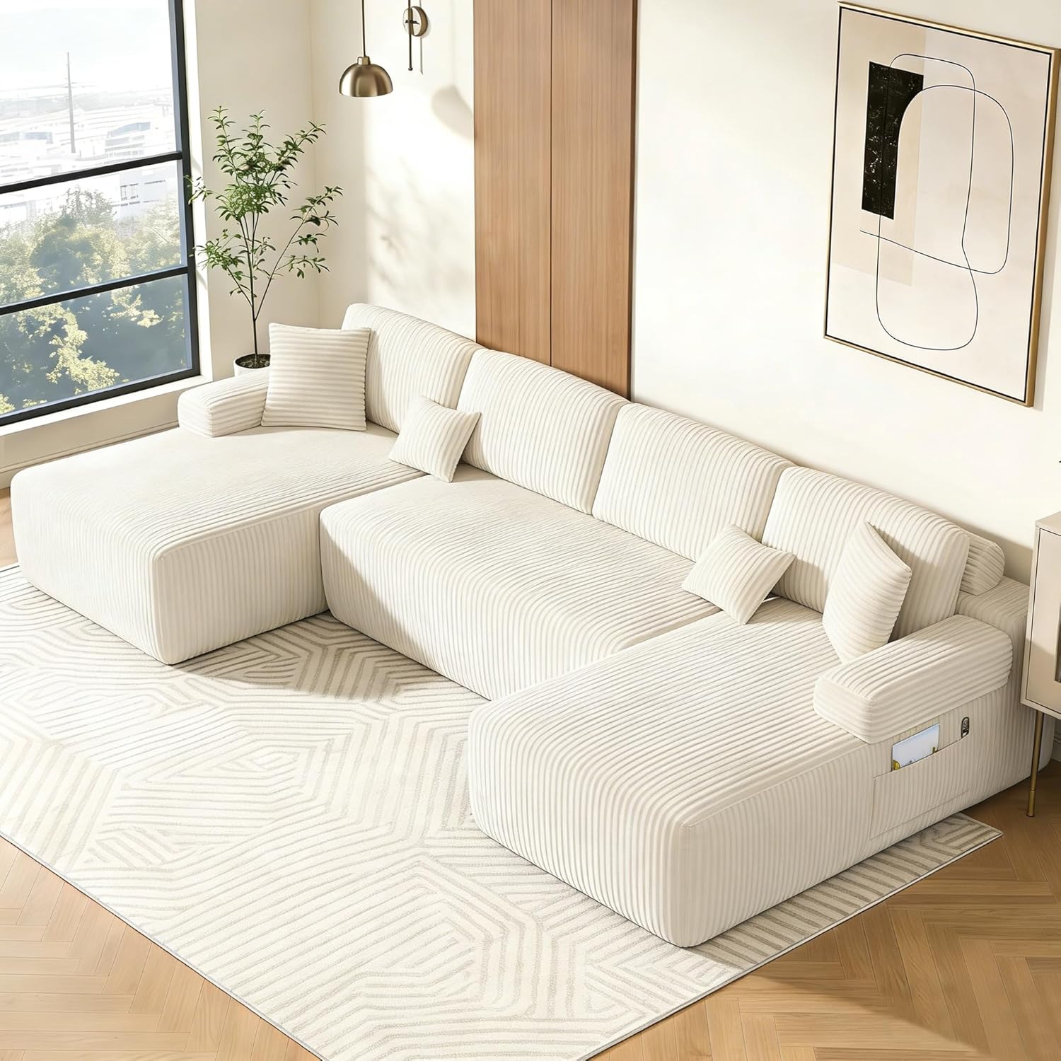 DURASPACE Cloud Modular Sectional U Shaped Boneless Couches for Living Room, Corduroy Sectional Sofa with Deep Seat, Oversized Minimalist Memory Foam Floor Couch, No Assembly Required, Beige