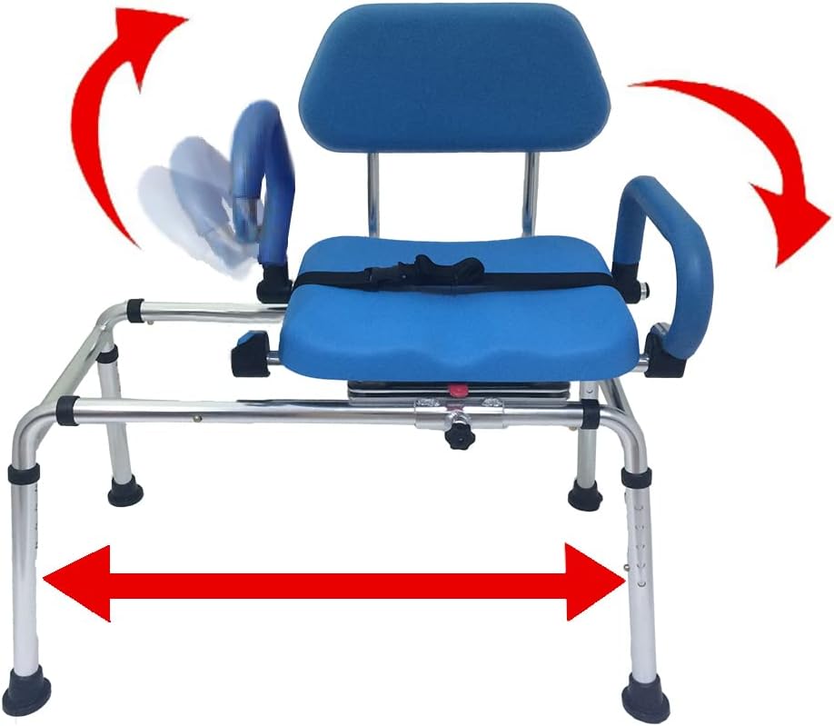 Carousel Sliding Shower Chair Tub Transfer Bench with Swivel Seat, Premium Padded, Pivoting Arms, Adjustable Space Saving Design for Tubs, Inside Shower, for Handicap & Seniors, Blue – Standard – Blue