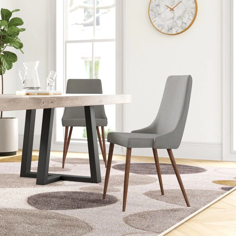 Elegant Side Chair with Curved Wood Frame, Grey Fabric, and Walnut-Finished Metal Legs