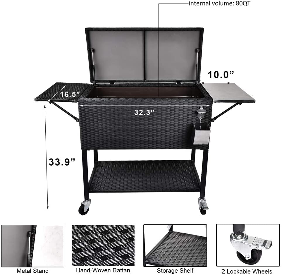 2026 80 Quart Rattan Rolling Cooler Cart, Portable Wicker Cooler Trolley, Backyard Party Drink Beverage Bar