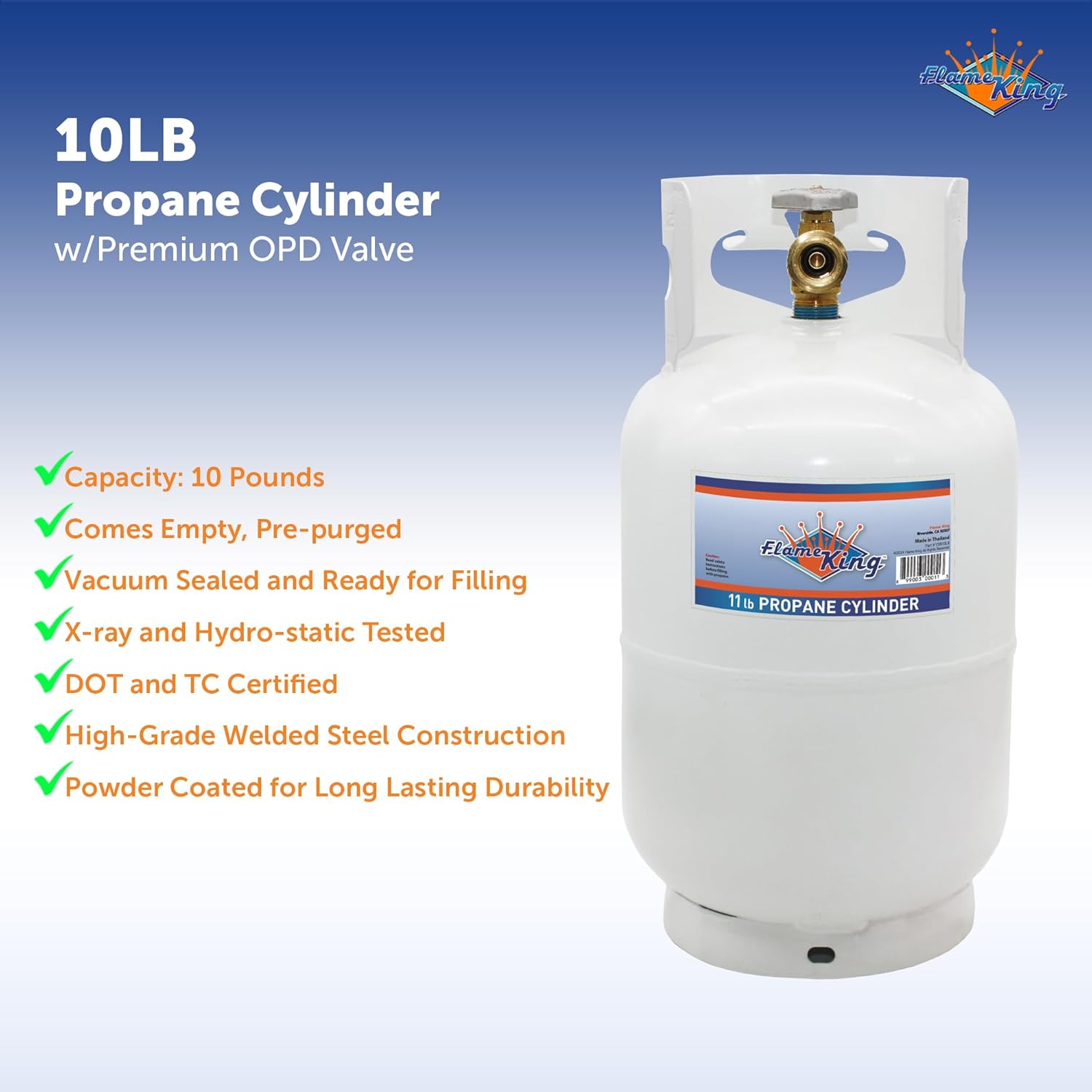 Flame King 10LB Steel Propane Tank Cylinder with Type 1 Overflow Protection Device Valve  Great for Camping  Fire Pits  Heaters  Grills  Overlanding  White