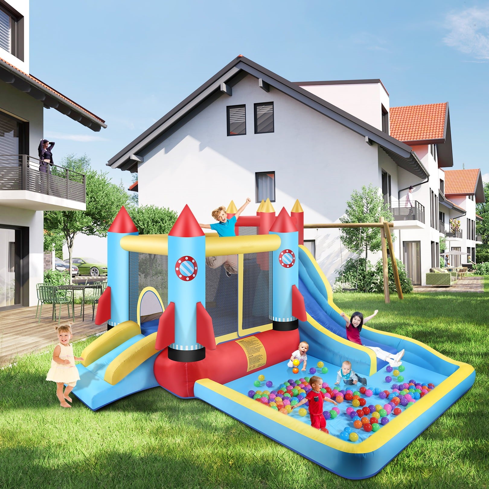 146”x 132” x 82” Inflatable Bounce Houses for Kids 3-12 with Blower Double Slide Climbing Wall and Ball Pit/Large Pool Outdoor/Indoor Bouncy House, PVC, Child, Teen, Toddler, Tween, Adult