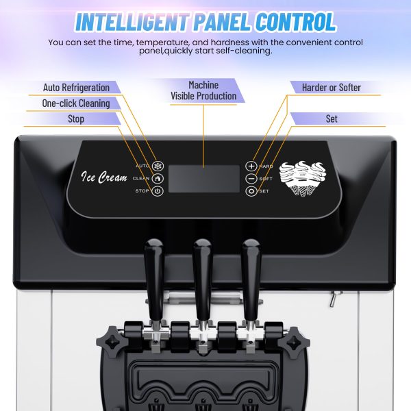 2026 2200W Commercial Ice Cream Machine, 3 Flavor Soft Serve Ice Cream Machine, 5.3-7.4 Gal/Hr, with LCD Touch Screen, Automatic Cleaning, High Productivity for Home Snack Bar & Restaurants