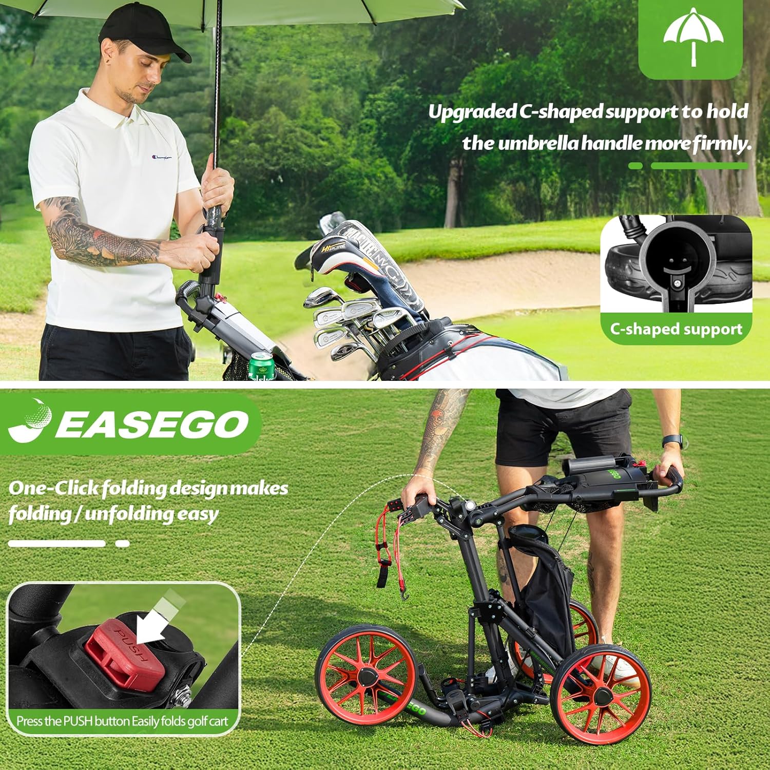 ‎Golf Push Cart 3 Wheel – Foldable Caddy with Holders