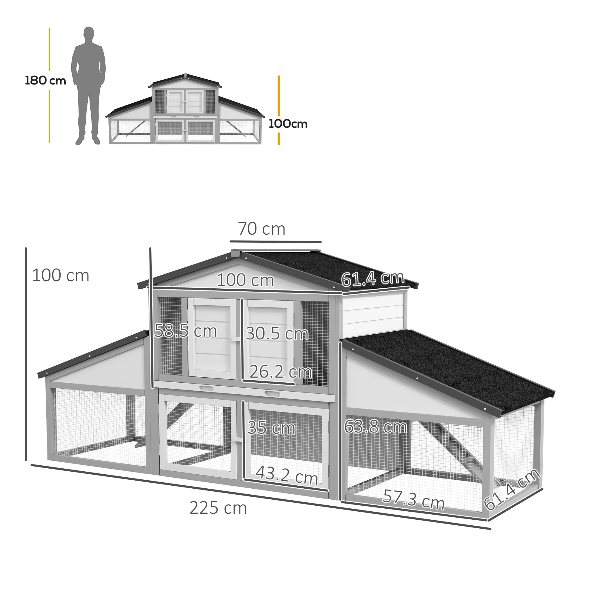 PawHut Large Rabbit Hutch with Run, Tray, Ramp, Wooden Guinea Pig House, Grey