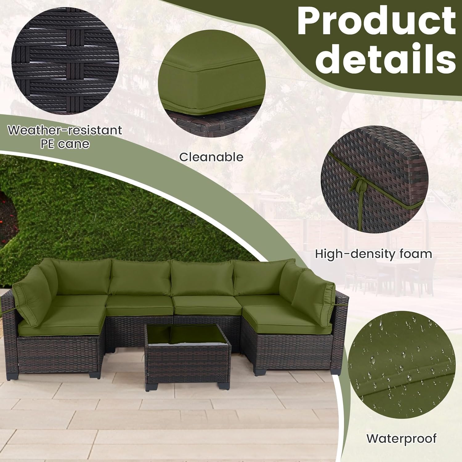 7 Pieces Rattan Patio Furniture Set with Tea Table