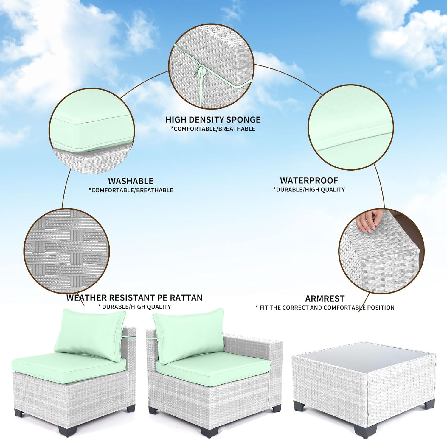 7 Pieces Rattan Patio Furniture Set with Tea Table