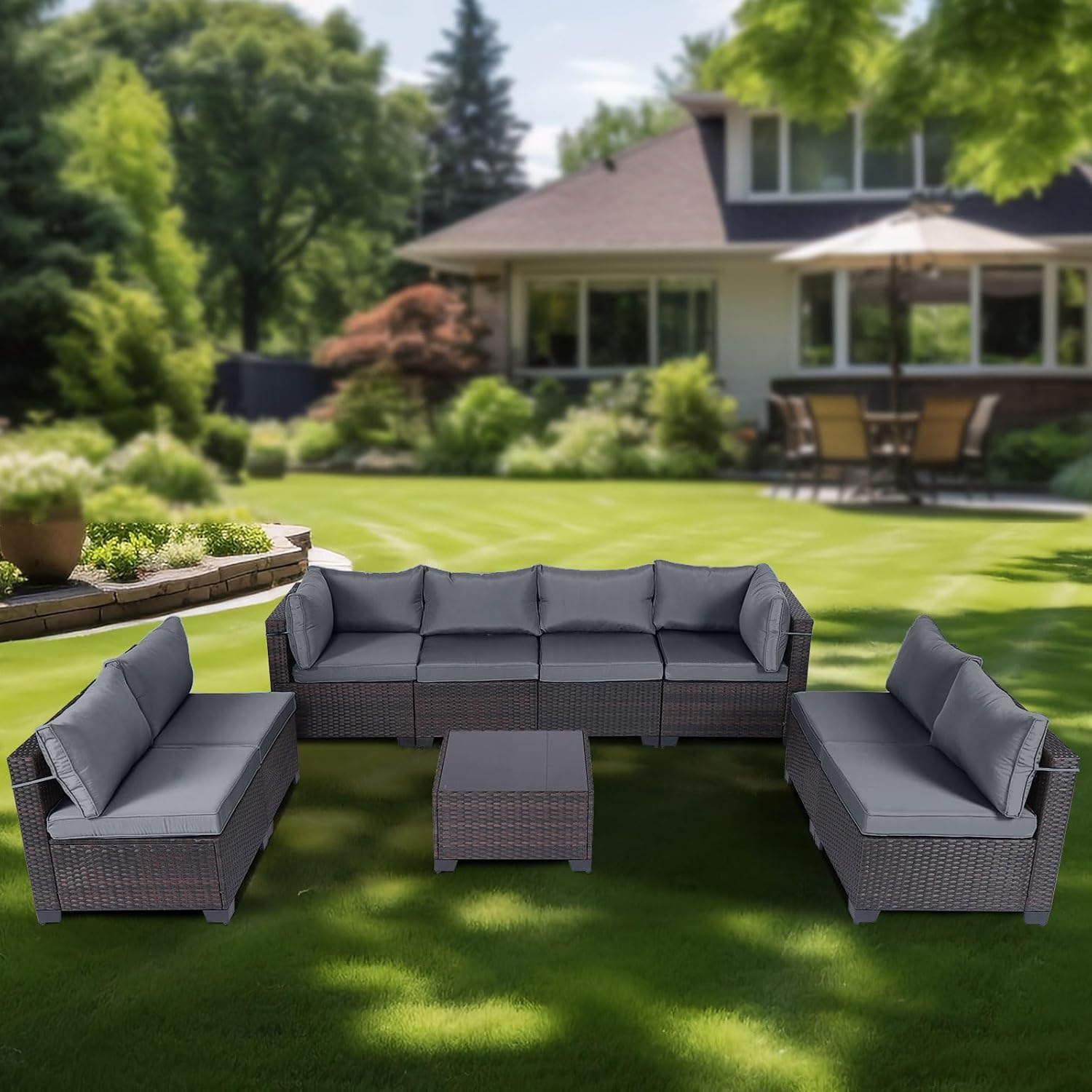 7 Pieces Rattan Patio Furniture Set with Tea Table