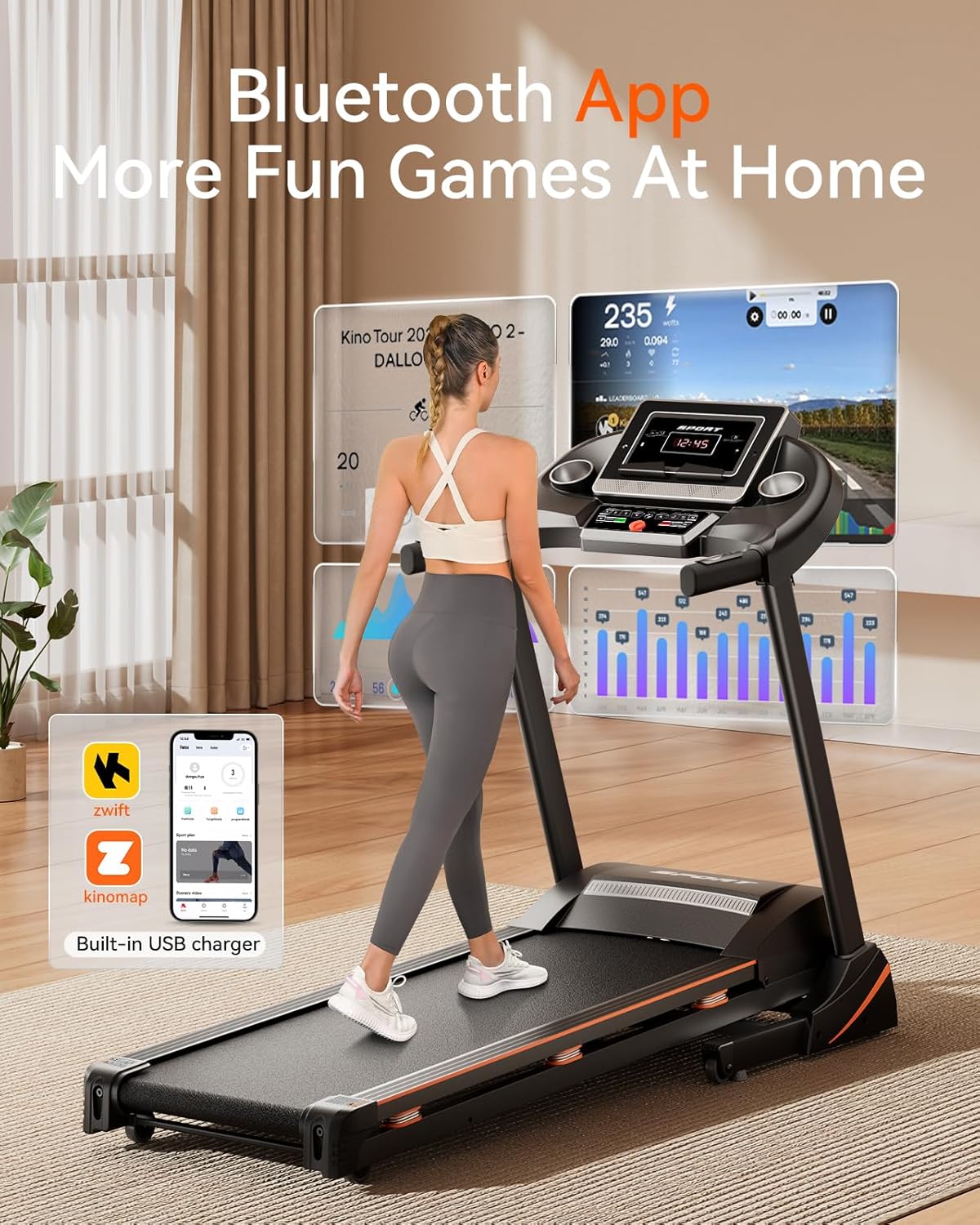 Home Treadmill 3HP Folding with Auto Incline & Bluetooth