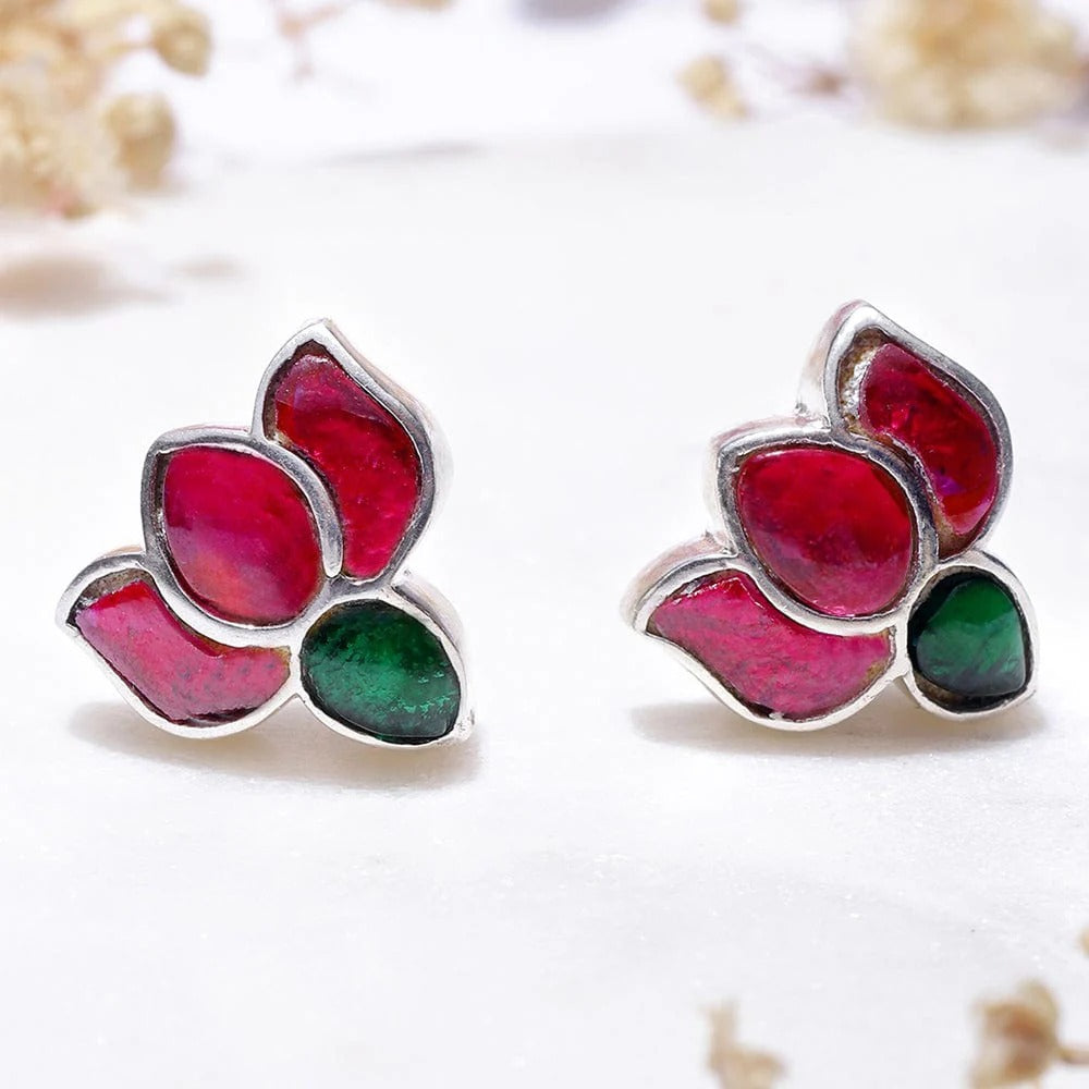 92.5 Sterling Silver Kundan Lotus Stud Earrings