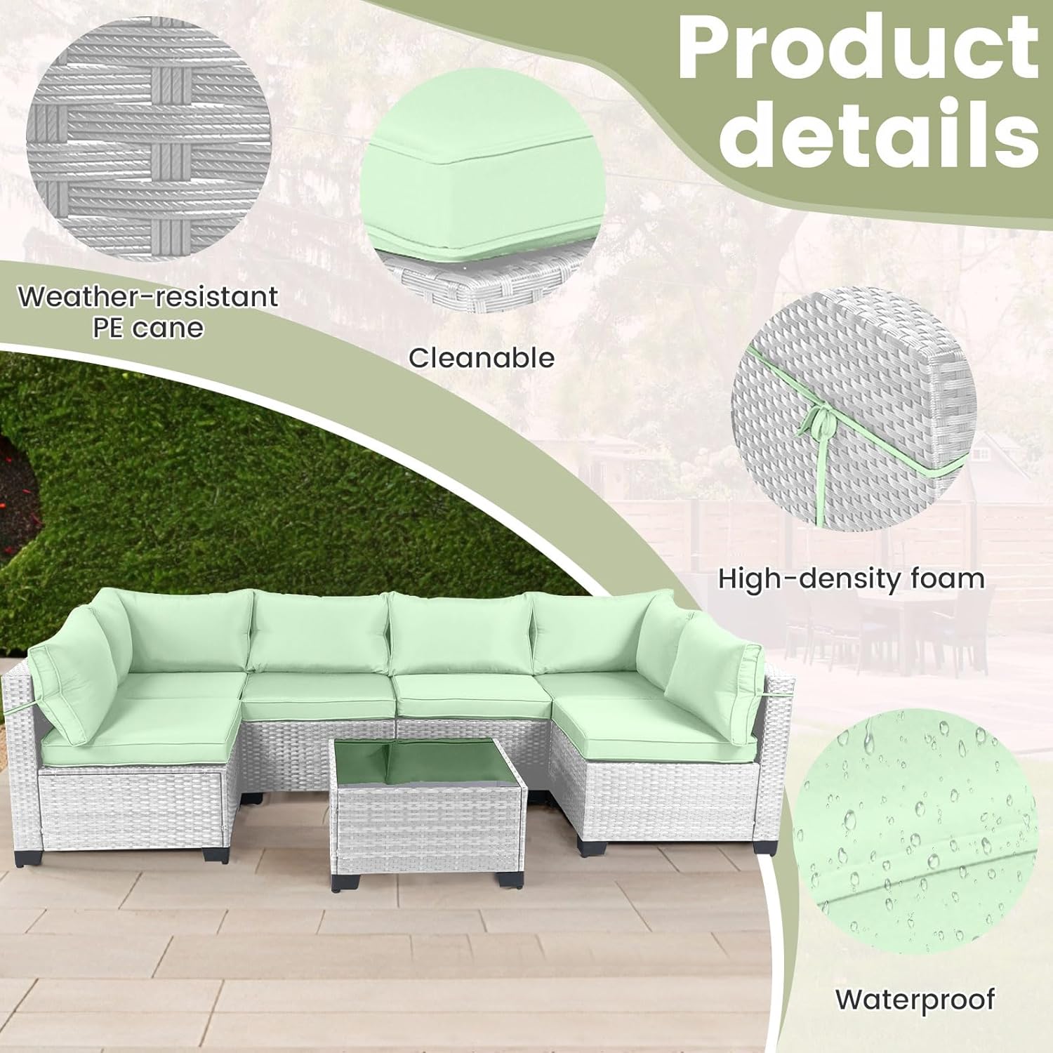 7 Pieces Rattan Patio Furniture Set with Tea Table