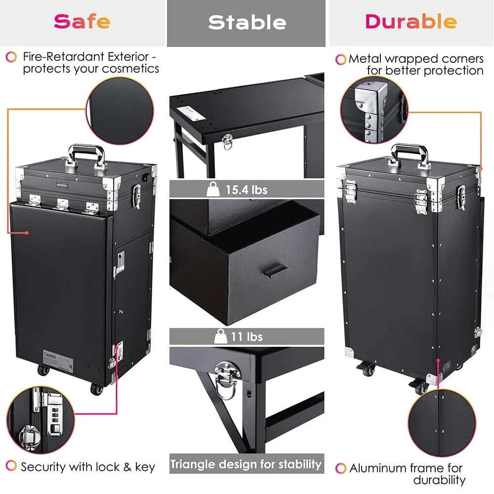 2026 Nail Desk Mobile Station Rolling Makeup Train Case Trolley Cosmetic Manicure Table Mirror 4 Drawers Pink