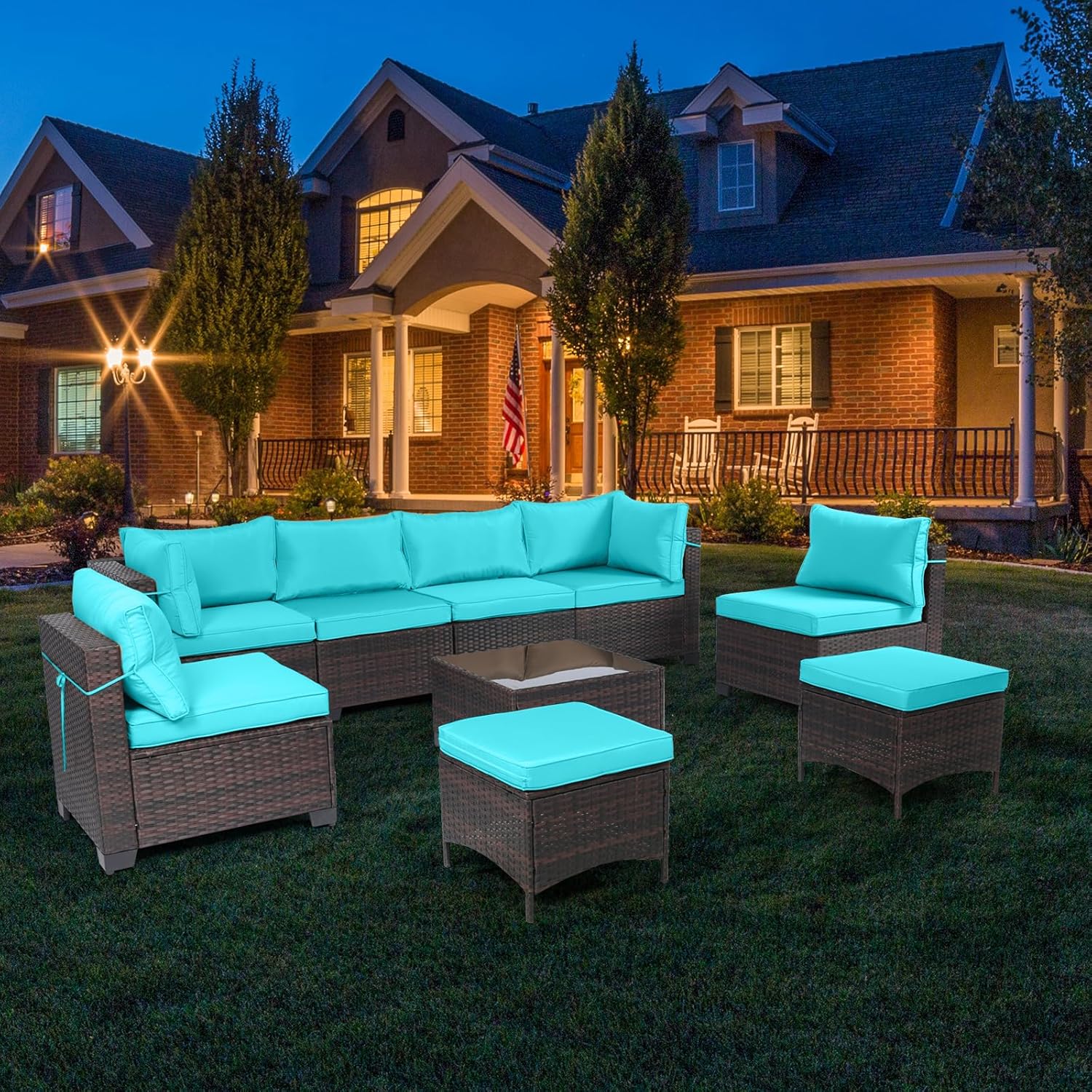 7 Pieces Rattan Patio Furniture Set with Tea Table