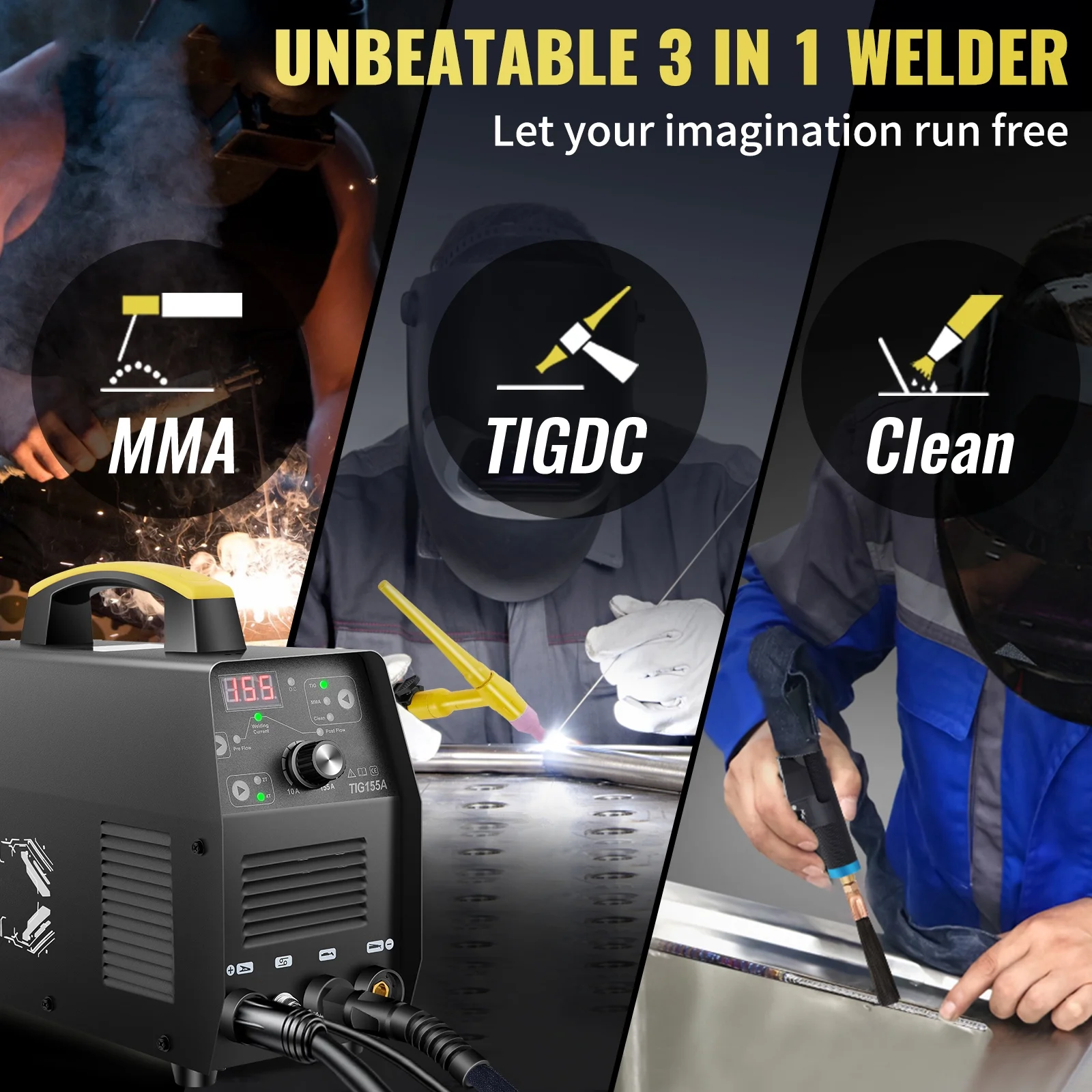 2026 SKYSHALO 155Amp 3 in 1, TIG Welder, 110V High Frequency TIG/Stick/Clean Welding Machine w/ IGBT Inverter, Digital Arc Welder with Torch l, Iron, Mild Steel, Copper, and Nickel