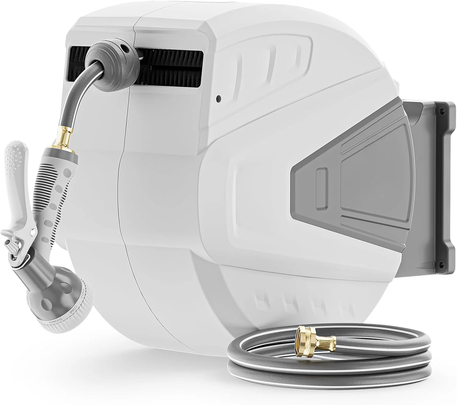 Retractable Garden Hose Reel,1/2 in x 100 ft Wall Mounted Hose Reel, with 9- Function Sprayer Nozzle, Any Length Lock/Slow Return System/Wall Mounted/180°Swivel Bracket (Grey)