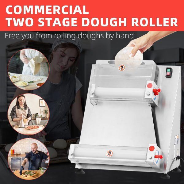 Commercial Pizza Dough Roller Sheeter, Max 16, Automatic 370W Electric Pizza Dough Roller, Stainless Steel, Suitable for Noodle, Pizza Bread and Pasta Maker Equipment