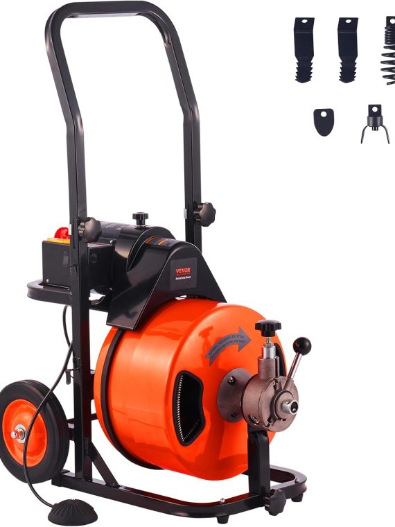 Drain Cleaner Machine 100FT x 1/2Inch, Auto Feed Sewer Snake Auger with 4 Cutter & Air-activated Foot Switch for 1′′ to 4′′ Pipes, Orange, Black