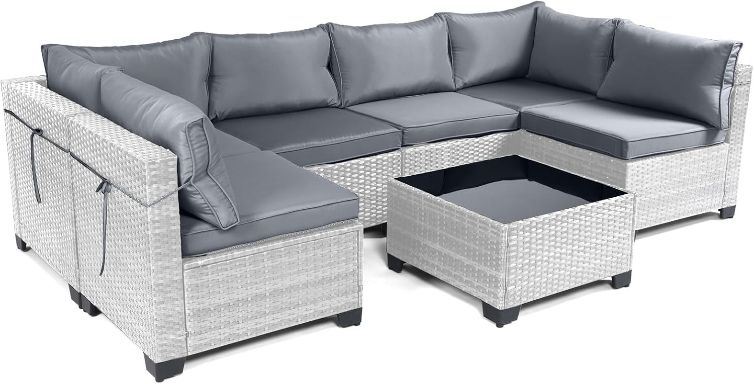 7 Pieces Rattan Patio Furniture Set with Tea Table