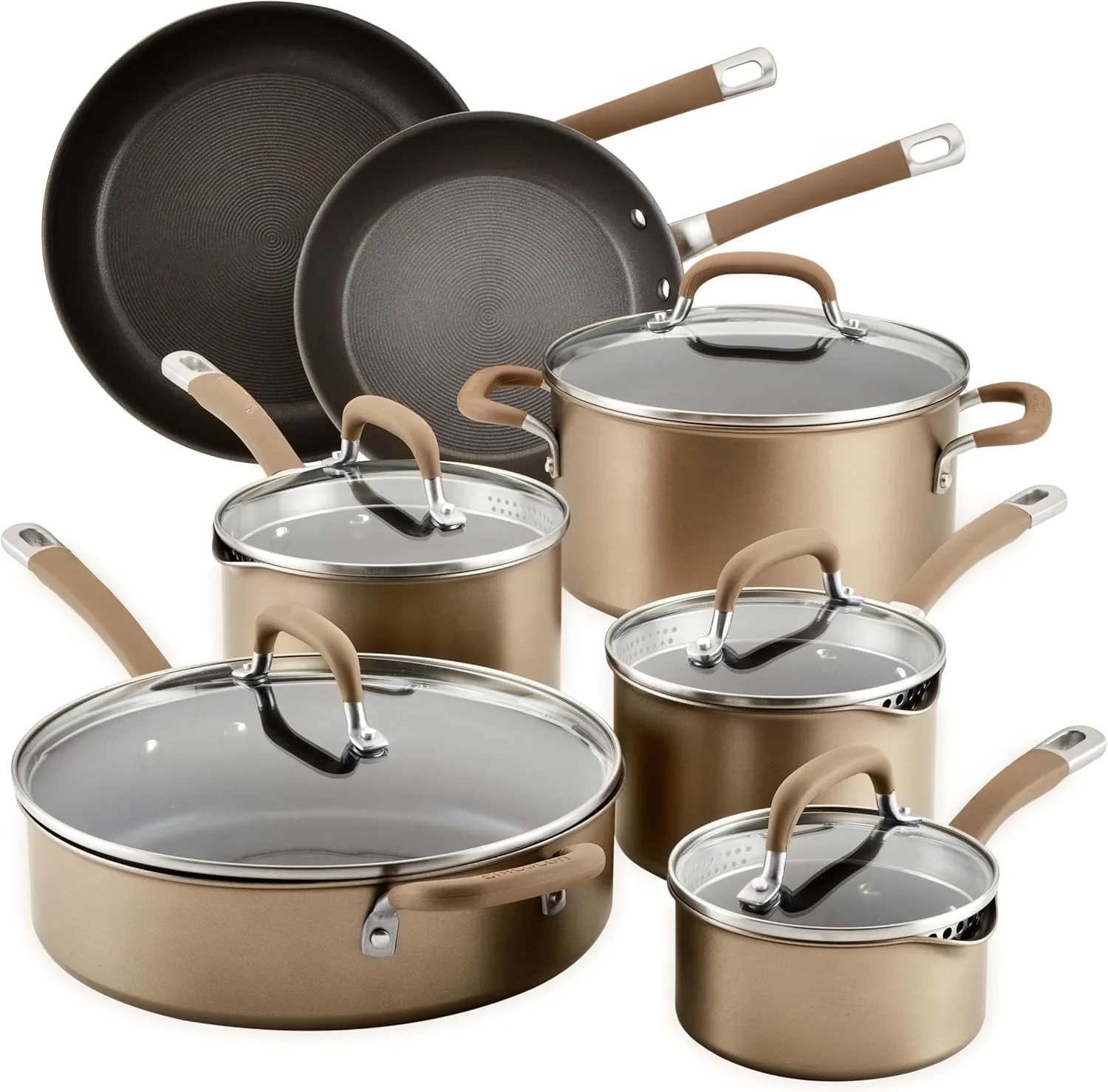 Professional Hard Anodized Nonstick Cookware Induction Pots and Pans Set, 12 Piece, Bronze