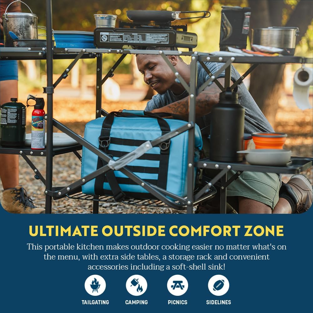 2026 GCI OUTDOOR Master Cook Station | Portable Folding Kitchen Table with Soft Shell Sink, Heat Resistant Tabletop & Telescoping Lanter Pole, Perfect for Camping Trips