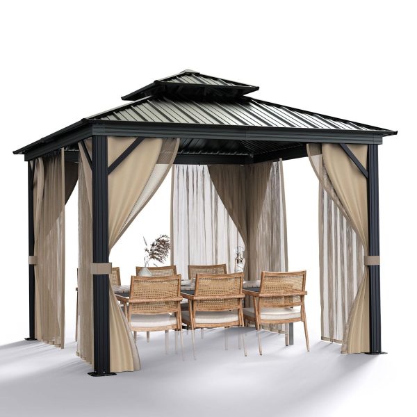 10’x10′ Hardtop Gazebo with double metal roof, aluminum frame, net, and curtain. All-weather, ideal for patio, deck, garden, backyard. Khaki.