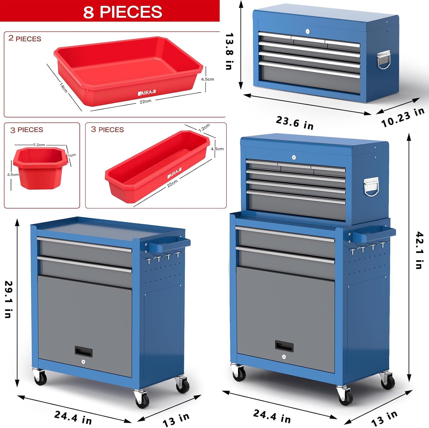 2026 Tool Chest 8-Drawer | 42'' Large Rolling Tool Chest with Wheels | Detachable Top Metal Tool Box | Garage Storage Cabinet for Repair Room,Warehouse | Rolling Tool Box with Hooks,Liners,Tray Divider
