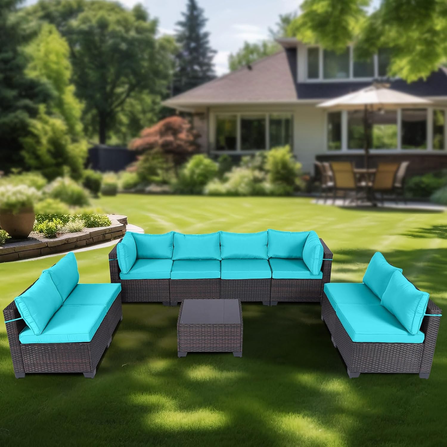 7 Pieces Rattan Patio Furniture Set with Tea Table