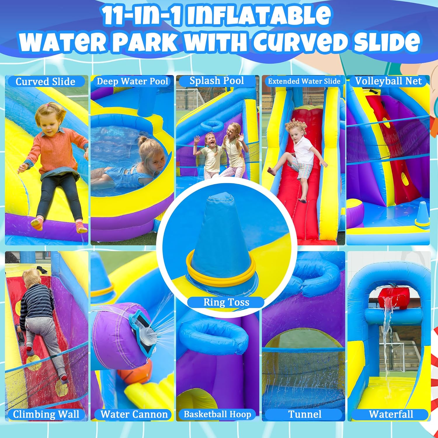 11-in-1 Inflatable Water Slide & Dolphin Bounce House w/2 Long Slides, 19.7 Ft x 13.1 Ft Extra Large Waterslide Climbing Wall w/Small Deeper Pool,Water Cannons,Hoop for Kids Backyard,550W Blower
