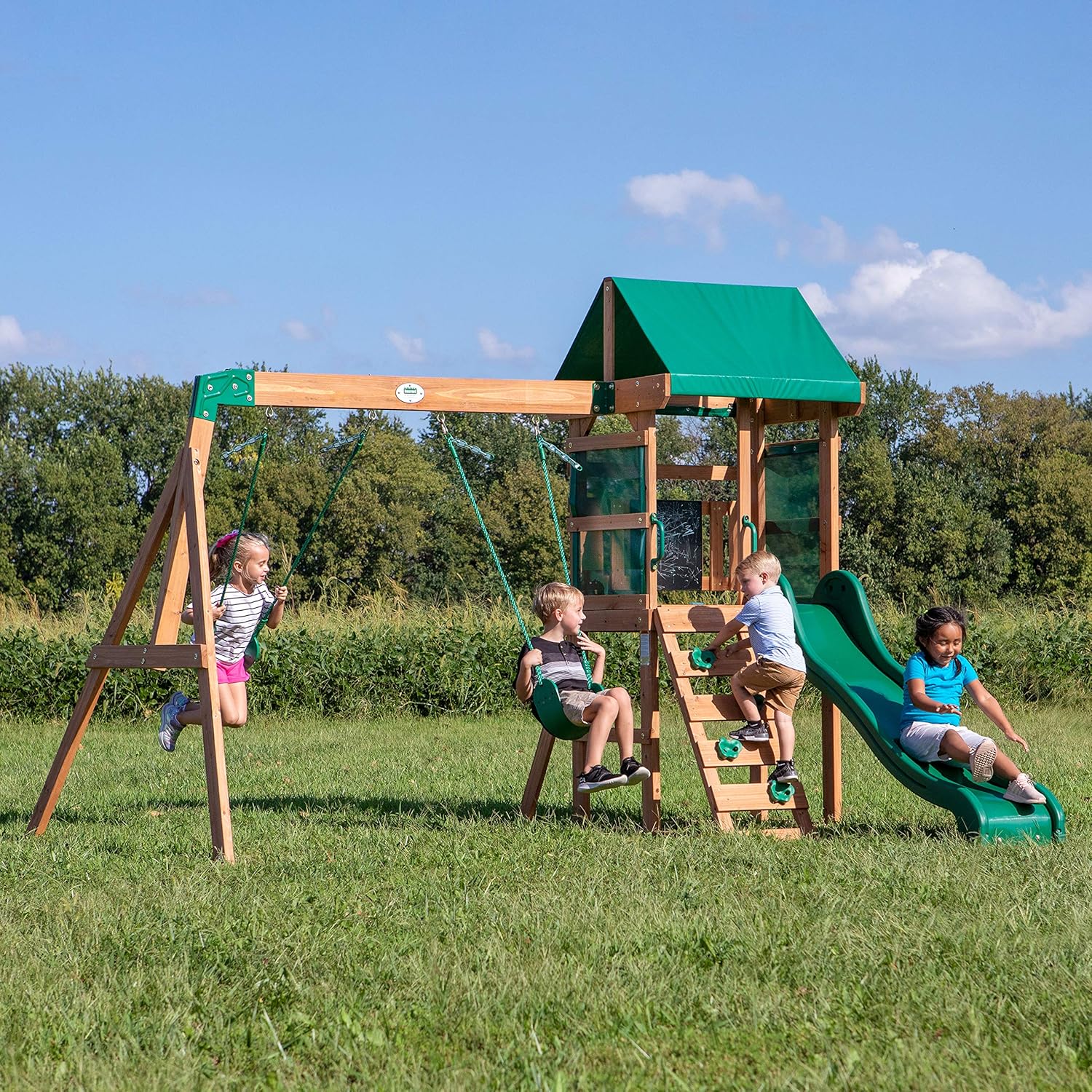 Buckley Hill Cedar Wood Swing Set with Slide & Deck