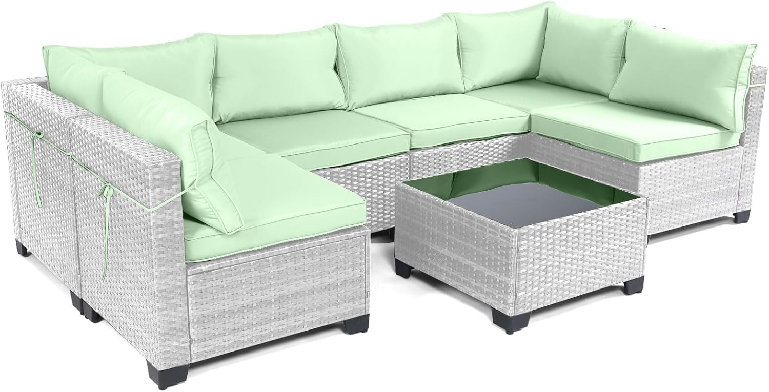 7 Pieces Rattan Patio Furniture Set with Tea Table