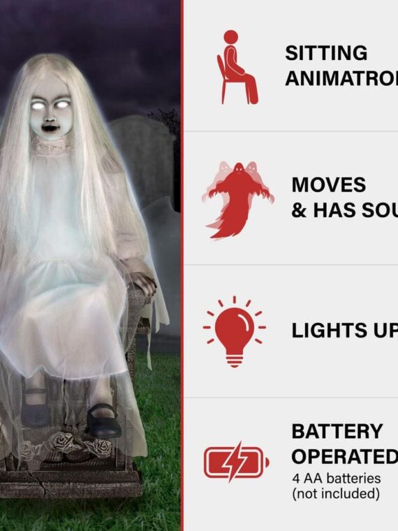 48 in. Premium Talking Halloween Animatronic Darcy The Sitting Tombstone Girl by Tekky