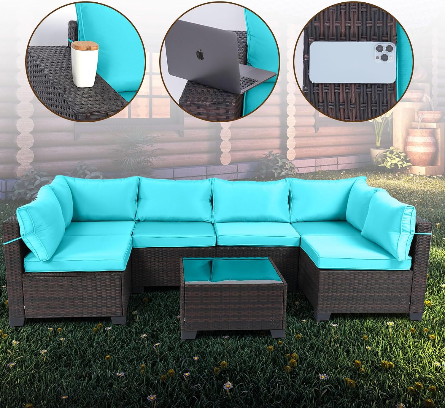 7 Pieces Rattan Patio Furniture Set with Tea Table