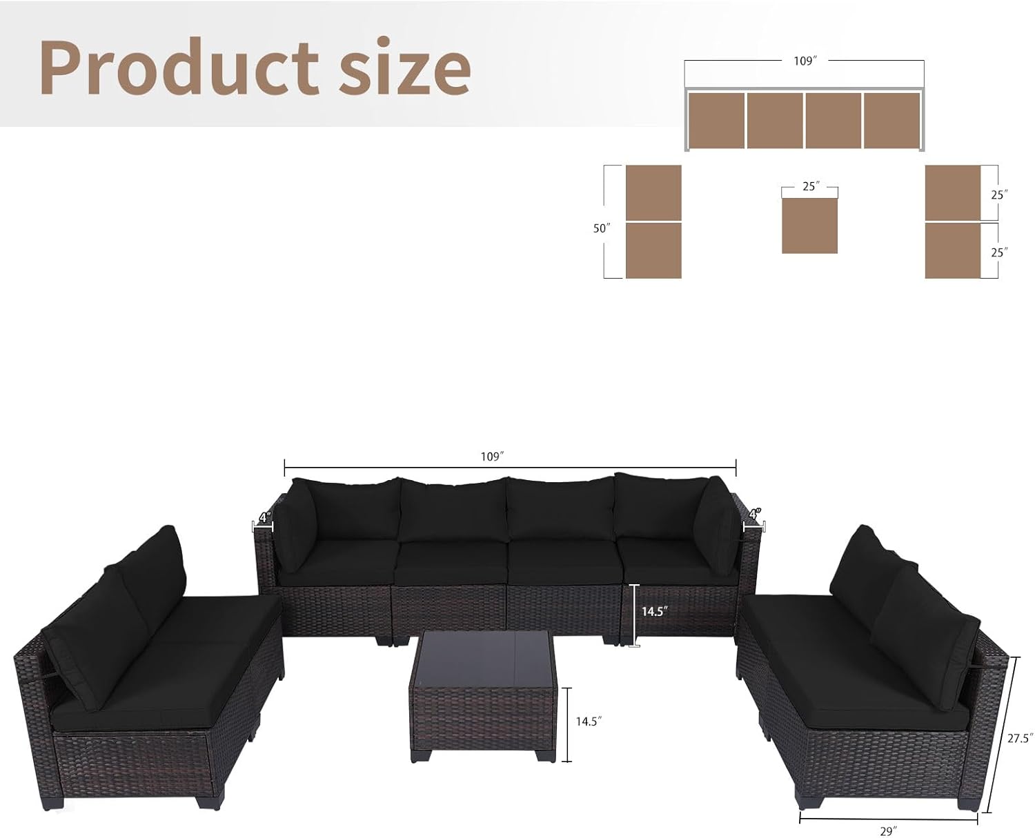 7 Pieces Rattan Patio Furniture Set with Tea Table