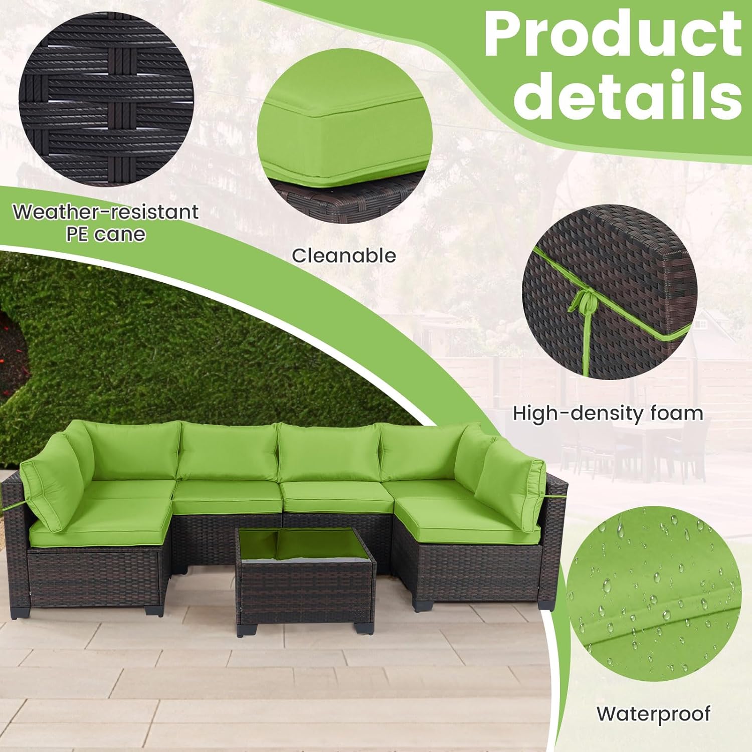 7 Pieces Rattan Patio Furniture Set with Tea Table