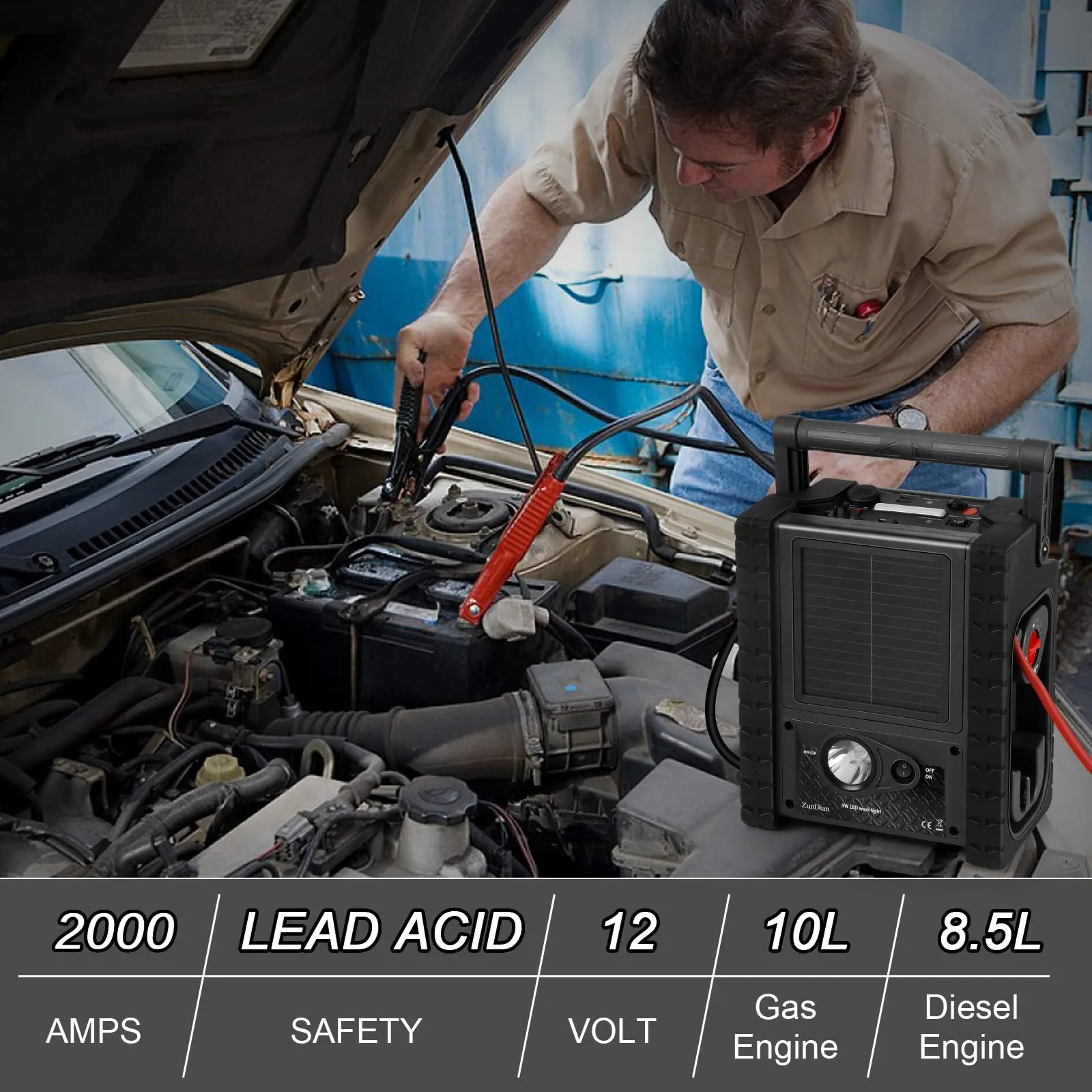 2026 ZD-529 Solar Portable Power Station 2000 Amps Jump Starter, 260 PSI Air Compressor, 12V Car Battery Charger with 400W Inverter Dual AC/DC/USB Output, Emergency Backup Power with Flashlights