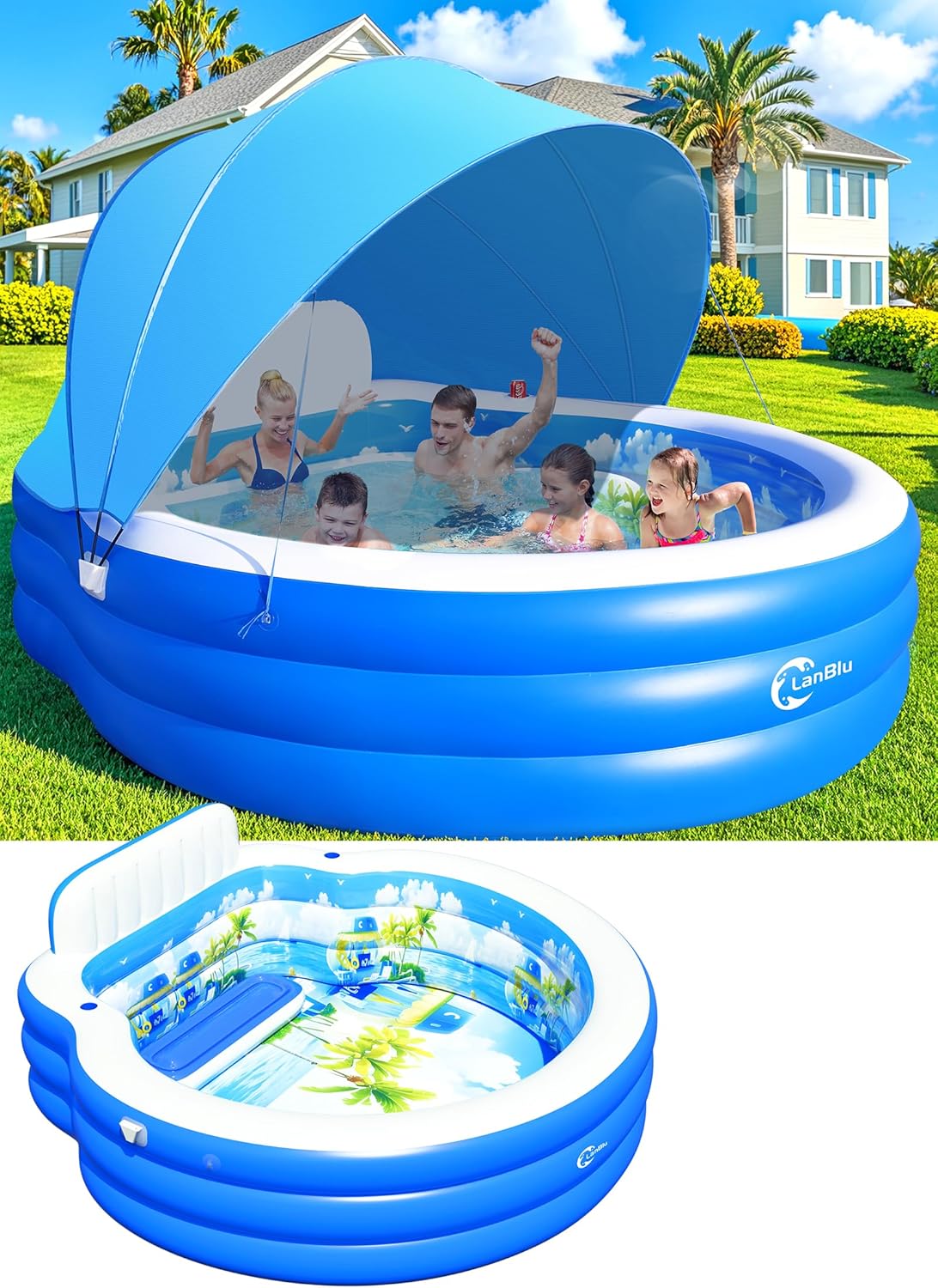 2025 Upgraded Inflatable Pool with Canopy, Inflatable Family Lounge Pool, Round Blow Up Pool for Adult with Bench & Backrest, Swim Center Easy Backyard Pools for Kids & Adults, 92′′x92′′x26′′, Blue