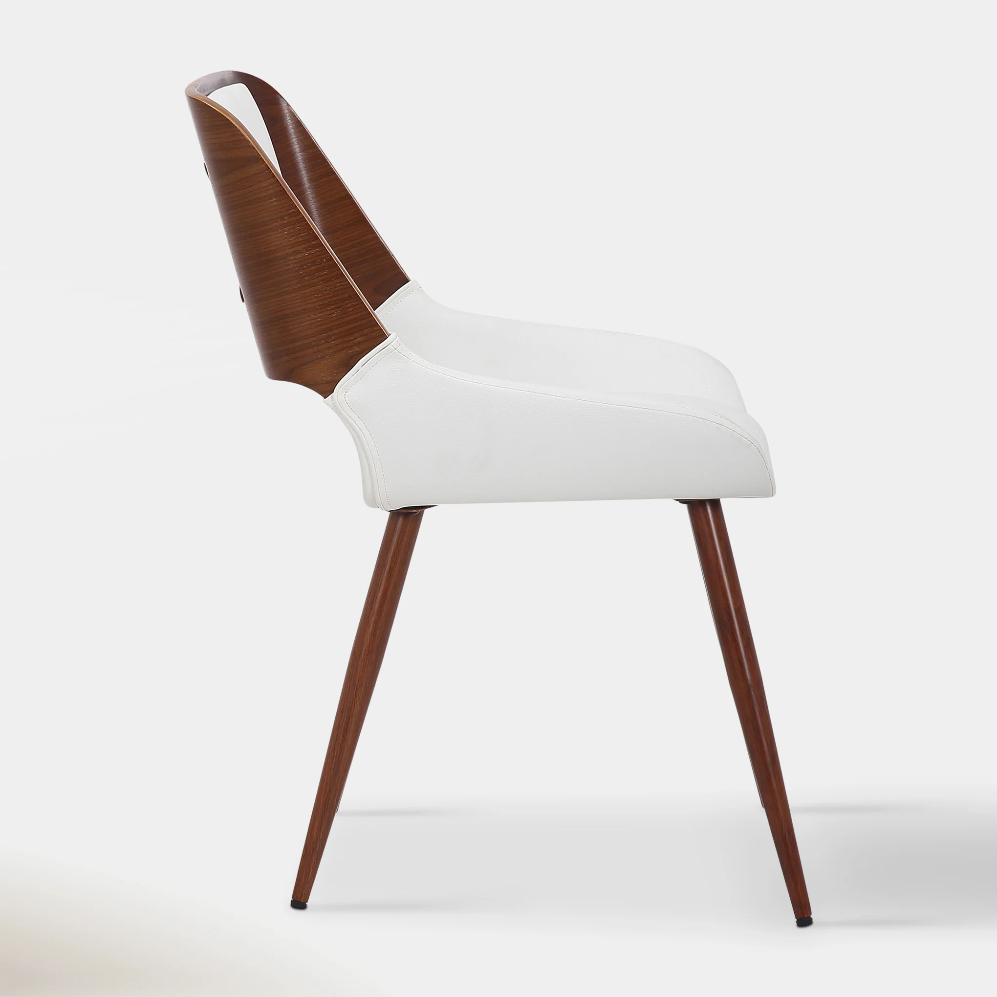 Mid-Century Inspired Bentwood Walnut Chair with White Vegan Leather Upholstery