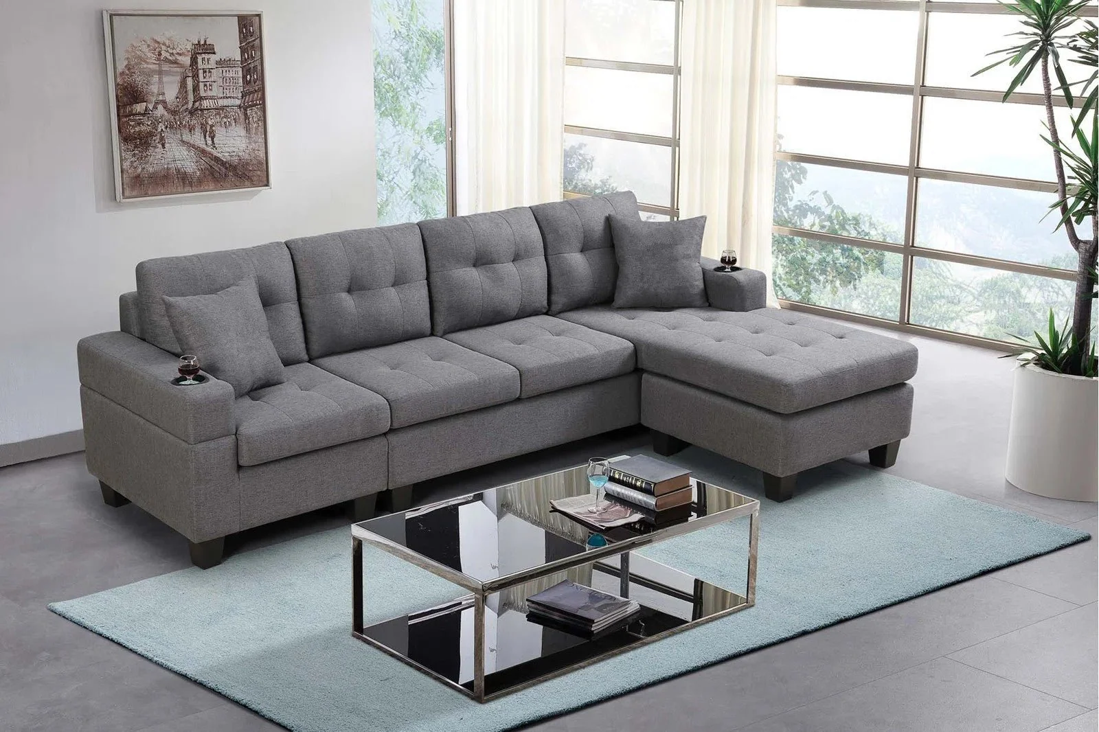 Reversible 4-Seater L-Shape Sectional Sofa with Chaise & Ottoman | Modern Upholstered Living Room Set