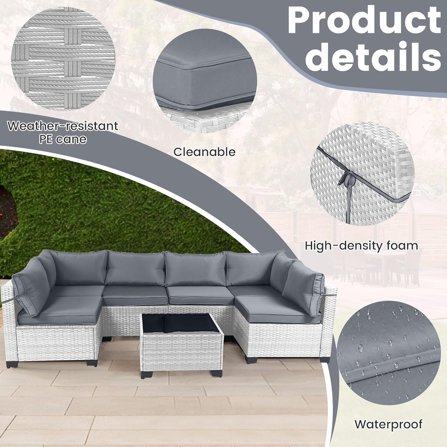 7 Pieces Rattan Patio Furniture Set with Tea Table