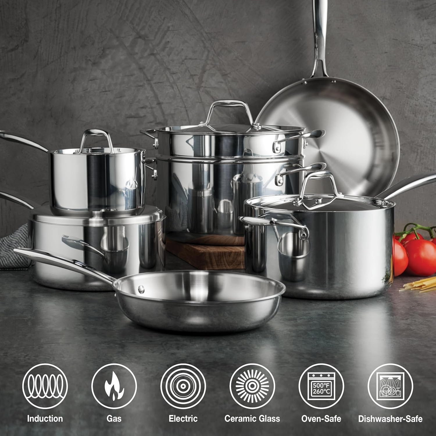 Tri-Ply Clad Stainless Steel 12-Piece Cookware Set