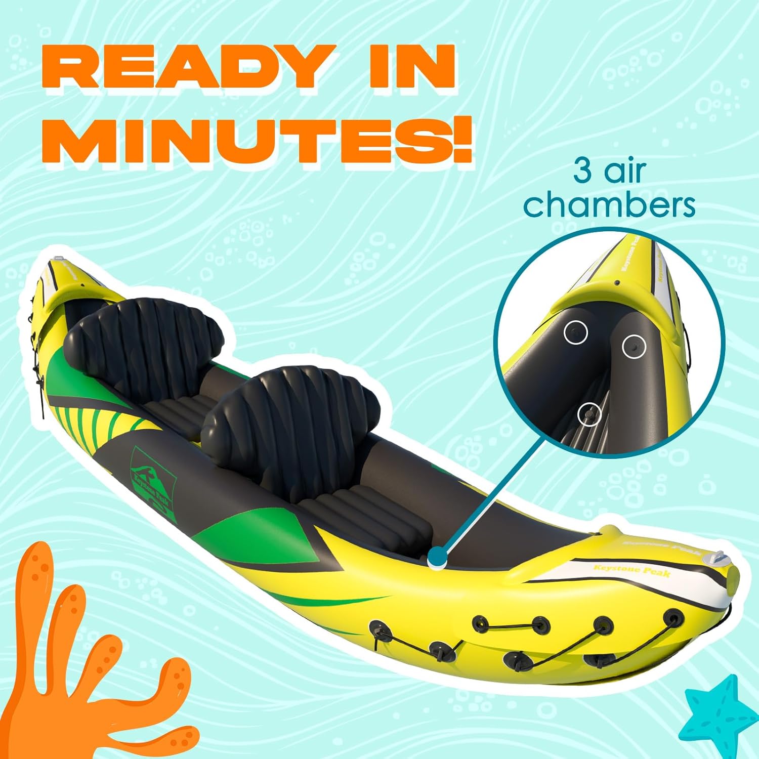 2026 KP Inflatable Kayak 2 Person with Sun Canopy (Detachable) + Kayaks for Adults + 3rd Seat for Dog/Child + Waterproof Phone Bags + Adjustable Seats + Kayak + Backrests & More + New 2024 + Yellow Green