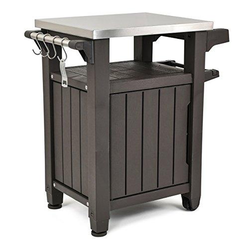 Portable Outdoor Table and Storage Cabinet with Hooks for Grill Accessories-Stainless Steel Top for Patio Kitchen Island or Bar Cart, Espresso Brown