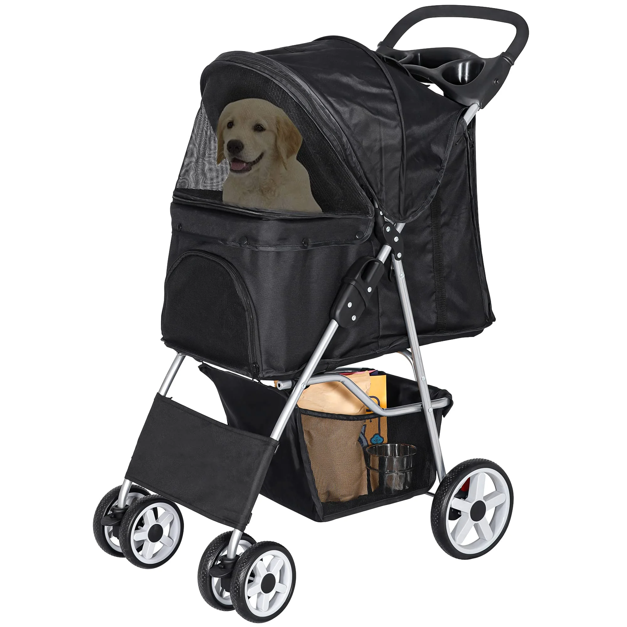 2026 Pet Stroller 4 Wheels Dog Cat Stroller for Small Medium Dogs Cats Foldable Puppy Stroller with Storage Basket and Cup Holder