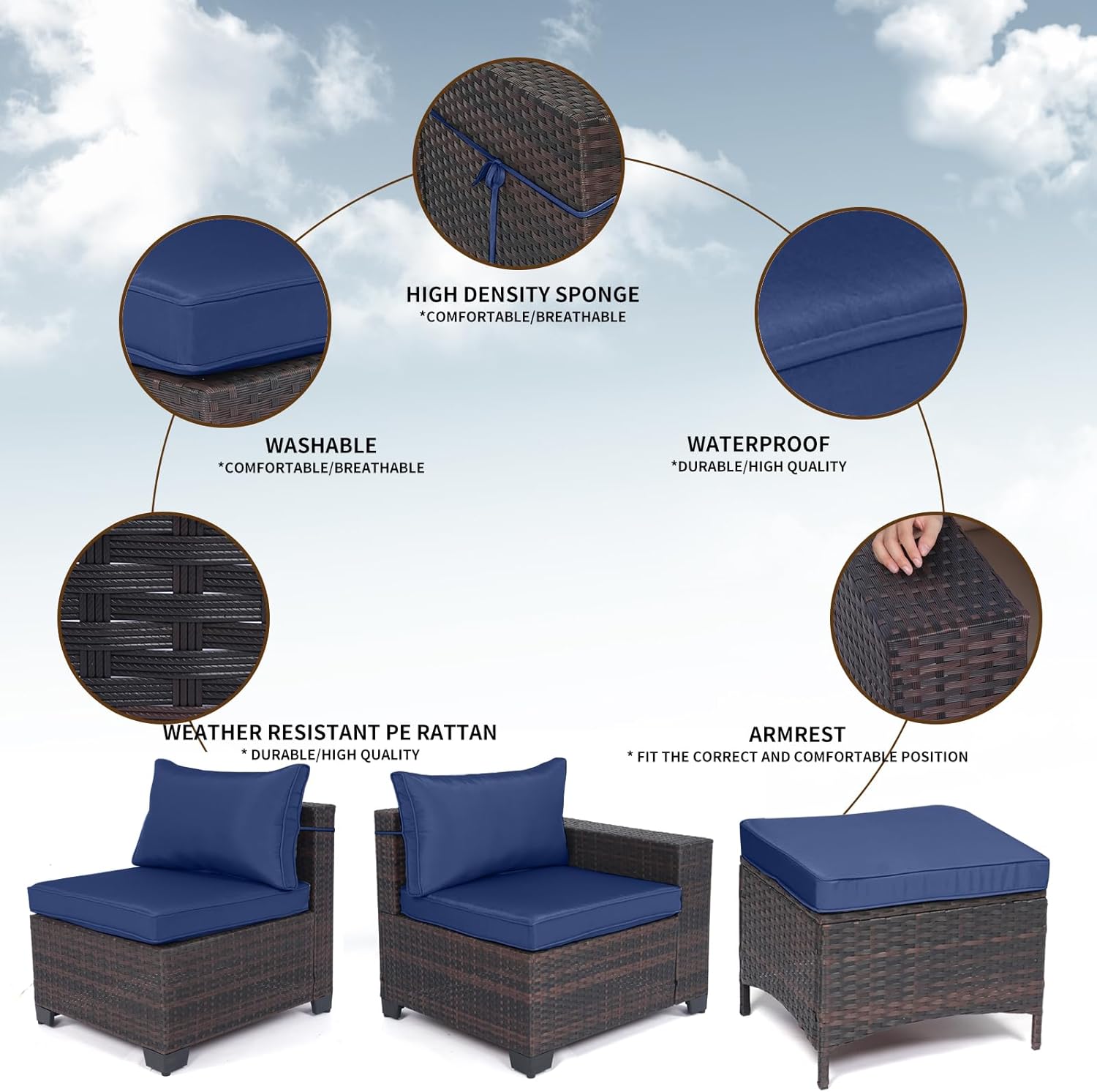 7 Pieces Rattan Patio Furniture Set with Tea Table