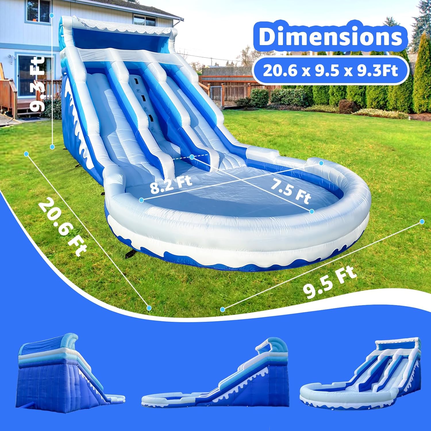 Large Inflatable Water Slide Swimming Pool Play Center, Commercial Grade Lightweight Premium Water Slide Bounce House 20.6×9.5×9.3Ft for Kids and Adults (with Blower)