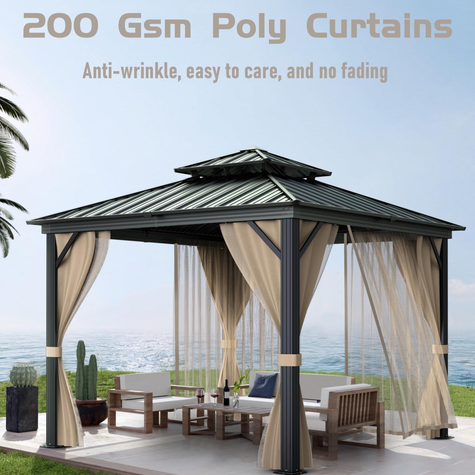 2026 10’x10′ Hardtop Gazebo with double metal roof, aluminum frame, net, and curtain. All-weather, ideal for patio, deck, garden, backyard. Khaki.