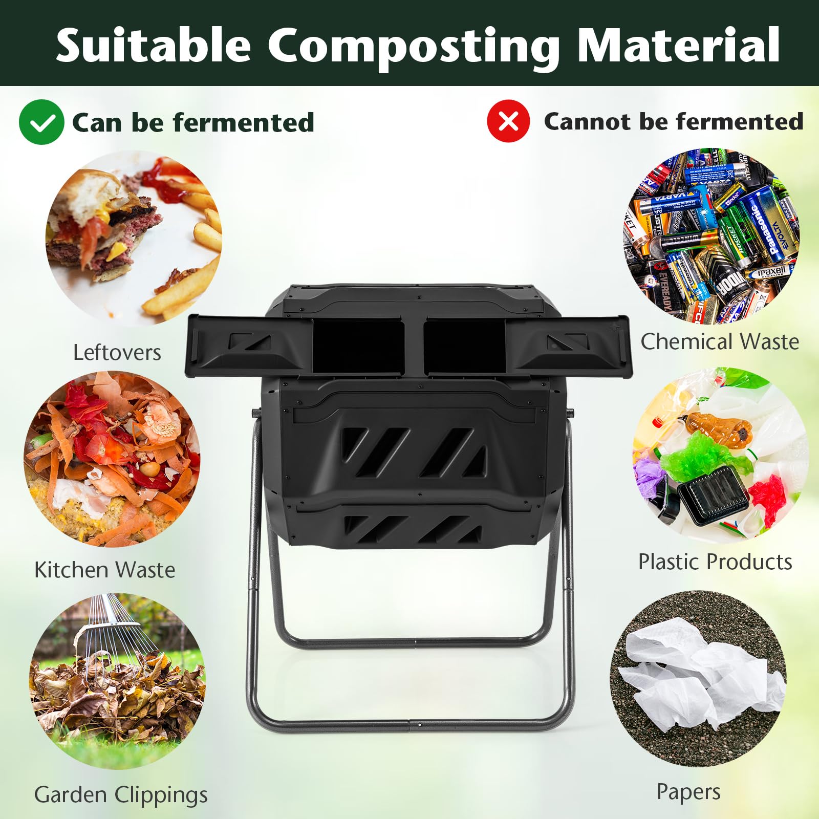 2025 Compost Bin, 42-Gal Dual Chamber Composting Tumbler w/2 Sliding Doors, Heavy-Duty Metal Frame
