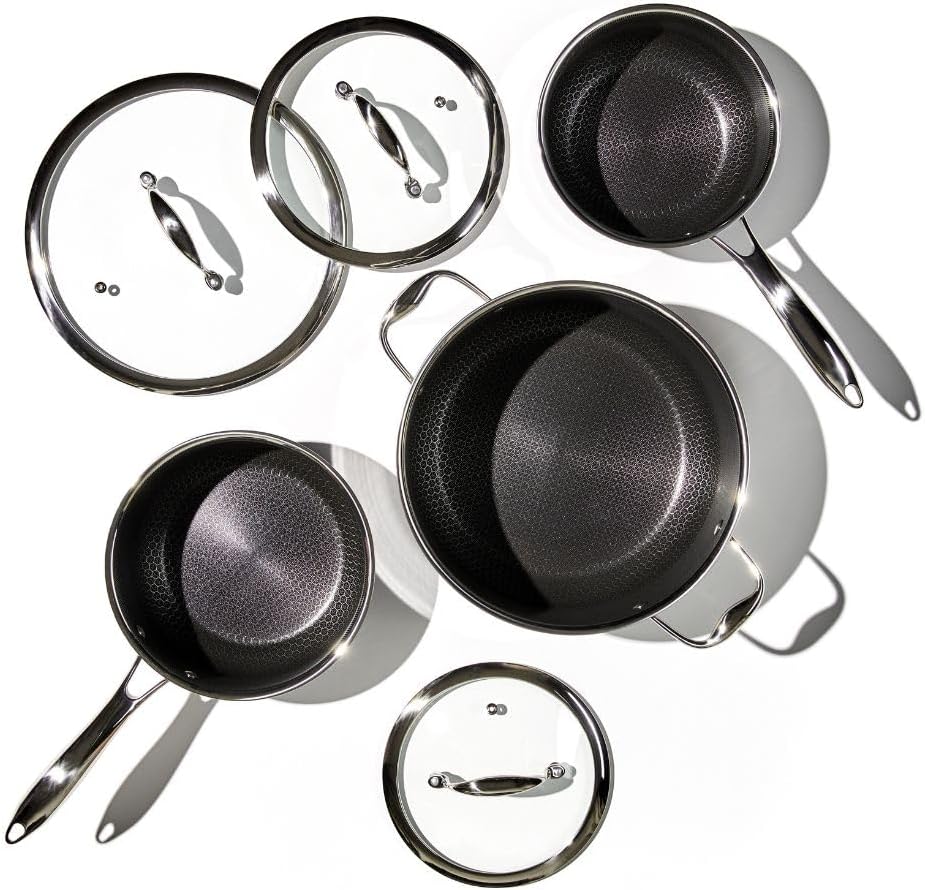HexClad Hybrid Nonstick 6-Piece Pot Set with 2 Silicone Trivets, 2, 3, and 8-Quart Pots with Tempered Glass Lids, Stay-Cool Handles, Dishwasher-Friendly, Induction-Ready, Compatible with All Cooktops