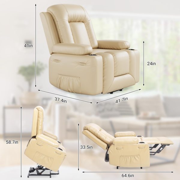 2026 PU Leather Power Lift Recliner Chair With Massage and Heat, Adjustable Furniture for Back, Legs w/ 3 Positions, Usb Port, Side Pocket (Beige, 27 Seat Width+Cup Holders)